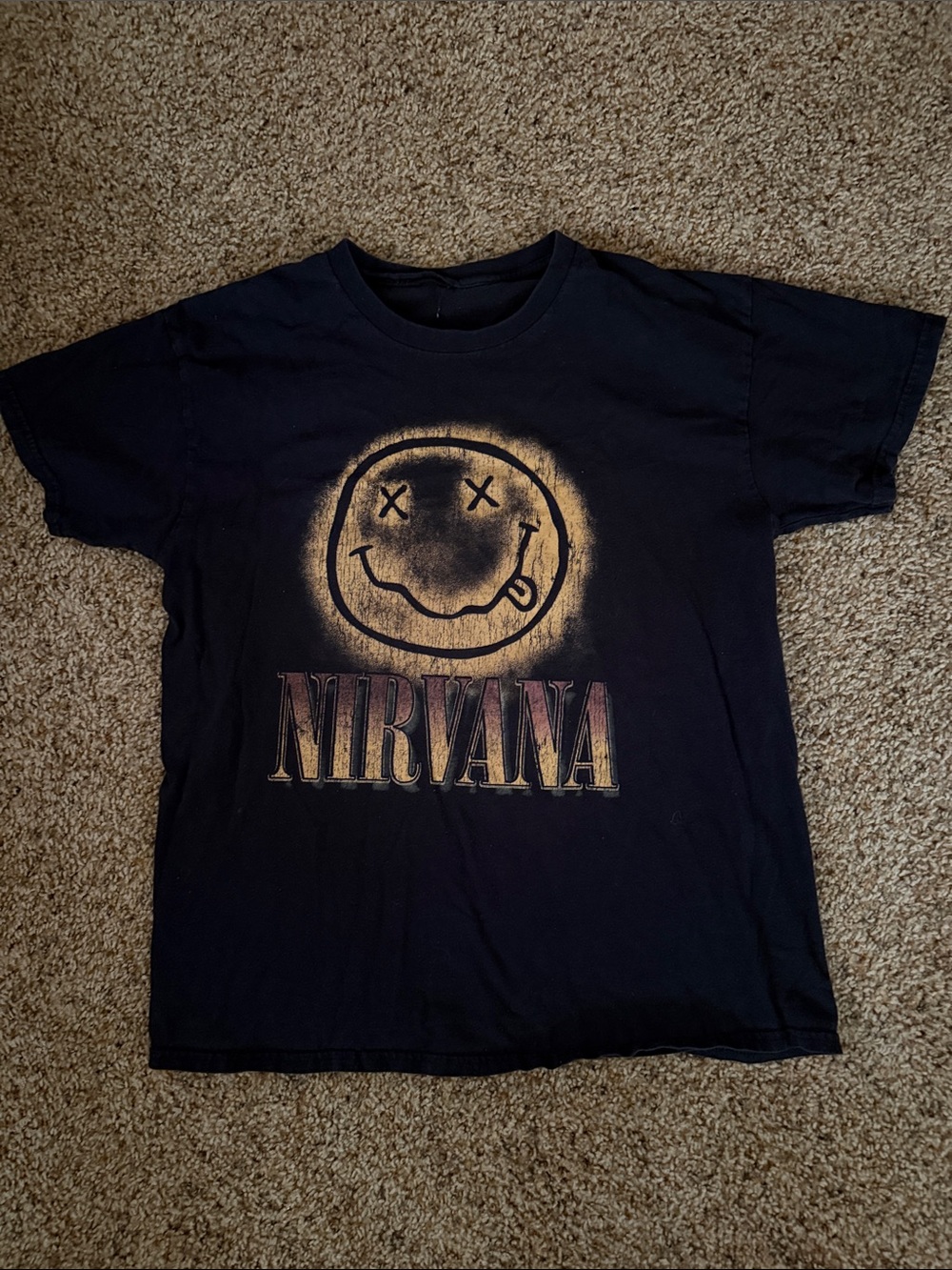 NIRVANA Black Tee with Yellow Distressed Smiley